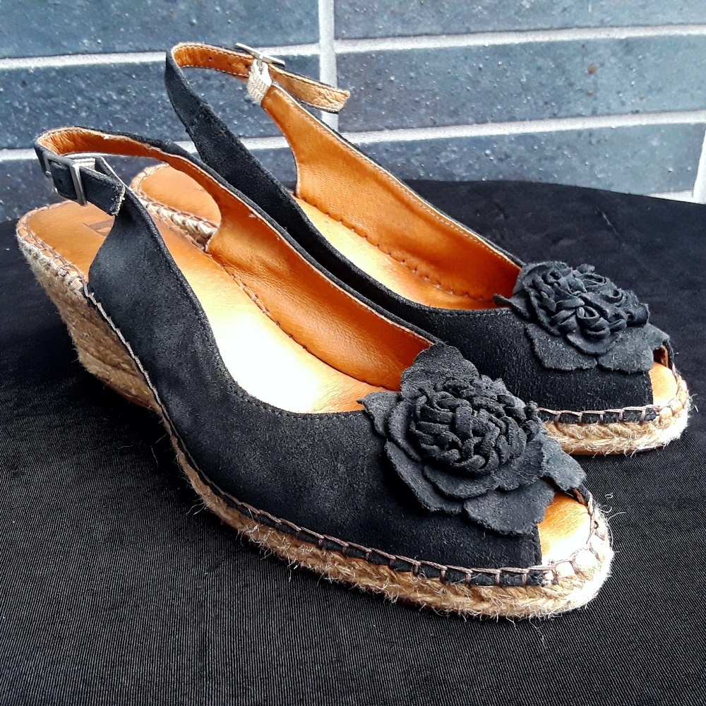 Browns Black Suede Espadrille Sling-back Wedge Sandal